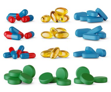 3D görüntüle. Kapsüller, tabletler, haplar, balık kapsülleri, beyaz arka planda izole edilmiş bitkisel kapsüller. Her materyalde parmak izi için mükemmel. Resim RGB, yüksek çözünürlüklü.