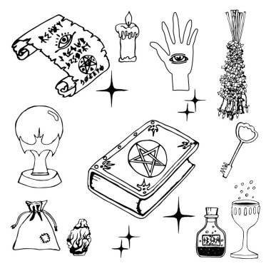 Büyünün ezoterik sembollerinin vektör seti. Doodle 'ın Kavramsal Çizimi Cadılar Bayramı, Ezoterizm ve Okültizm