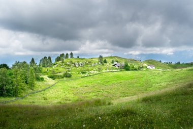 Fırtınalı bir günde güneşin aydınlattığı Doğu Alplerin Botanik Bahçesi manzarası. Nevegal, Belluno, İtalya