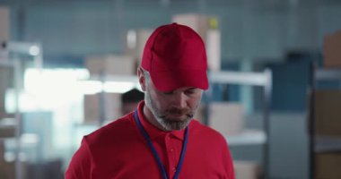 İş yerinde gülümseyen neşeli, sakallı, beyaz, yetişkin, postacı bir iş adamının portresi. İnsanlar ve işler. İstihdam.