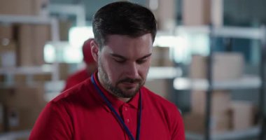 Postanede çalışan kırmızı üniformalı beyaz sakallı genç adamın portresi. Profesyonel insanlar. İşadamı Surat. Teslimat Servisi.