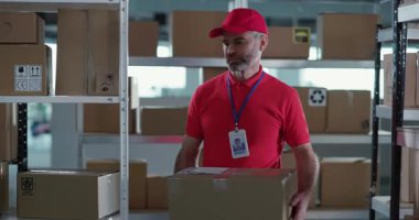 Kırmızı professiona üniformalı beyaz erkek yetişkinler teslimat ve ulaşım için farklı karton kutuları sınıflandırarak depoda iş birliği yapıyorlar. İşbirliği kavramı.