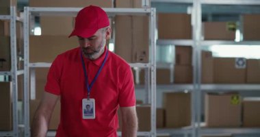 Depo postanesinde çalışan iki kırmızı üniformalı beyaz adam. Teslimatçı ve Ofis Müdürü İletişim ve Taşıma Paket Kutuları.