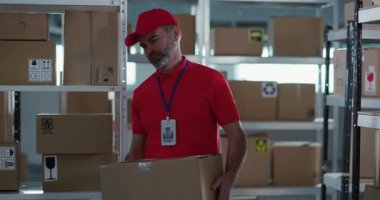 Kafkas Erişkin Çifti, Depo Odası 'nda Teslimat Eşyalarıyla Ağır Kutular Taşıyarak İşbirliği Yapıyor. Postane. Hizmet İnsanları.