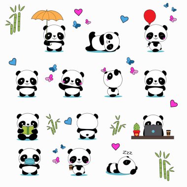 Karikatür tarzında büyük bir dizi komik panda farklı duruşlarda ve beyaz arka planda izole edilmiş duygular