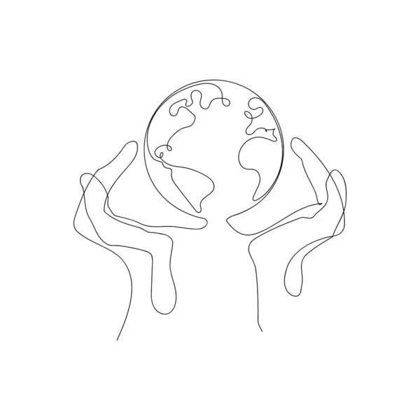 Kontinuierliche Linienzeichnung Der Menschlichen Hand Die Den Planeten Erde Hält — Stockvektor
