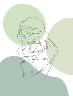 Anneler günün kutlu olsun. Sürekli bir çizgi çiziyor. Kadın bebeğini kucağına aldı. Hamile bir kadın. minimalizm illüstrasyon paleti