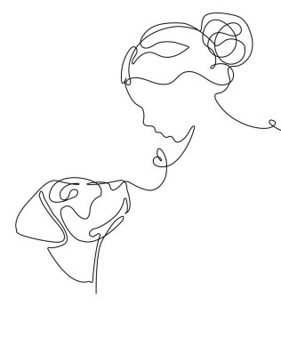 Köpek ve kadın bir çizgi çiziyor. Evcil hayvan dükkanı logosu. Soyut asgari tarz. Düzenlenebilir satır