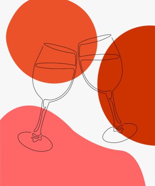 Beyaz arka planda izole edilmiş tek bir çizgi. Şarap kadehlerinin dış hatları...