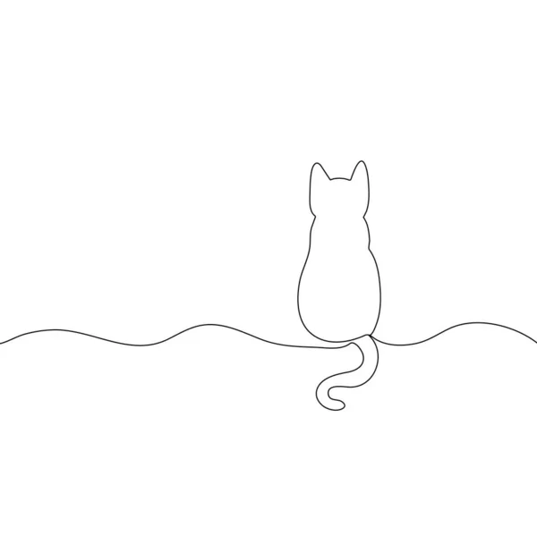 Eine Linienzeichnung Katze Sitzt Mit Gekräuseltem Schwanz — Stockvektor