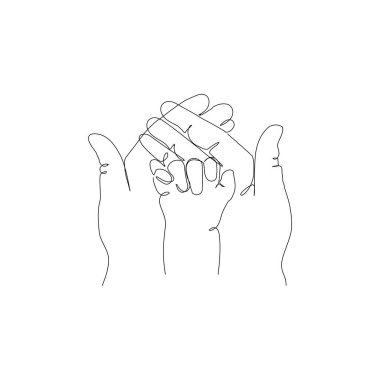 Sürekli bir çizgi çiziyor. Kadın bebeğini kucağına aldı. Hamile bir kadın. Bebek elini tutarken