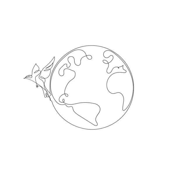 地球一直线画的世界地图矢量的简约简约设计 孤立于白色背景 拯救地球 世界和平组织 Peaceful Bird — 图库矢量图片