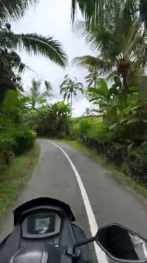 Scooter tire ve dar tropikal yol palmiye ağaçları tarafından çevrili ve bulutlu gökyüzü altında yoğun yeşillik, ara sıra asfalt şeridi boyunca çukurlar ve elektrik direkleri, POV görünümü hız göstermektedir