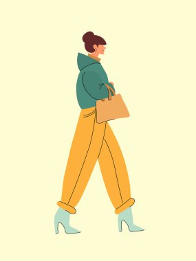Güzel moda kadını yürüyor. Aksesuarlı şık bir kız. Şık bir iş kadını. Robot resim. Vektör illüstrasyonu.