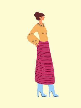 Çok güzel bir kadının portresi. Vektör gülümseyen kızlar, çizgili etekli kadınlar