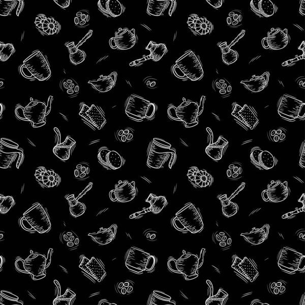 Coffee seamless pattern. background with cups, cezve, beans and teapot. Sketchy wrapping texture.