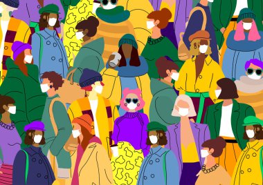 Koruyucu yüz tozu maskesi takmış bir grup insan. Kentsel hava kirliliğinden, dumandan, buhardan, kirletici gaz salınımından korunan bir sürü kadın. Düz çizgi film coloful vektör çizimi.