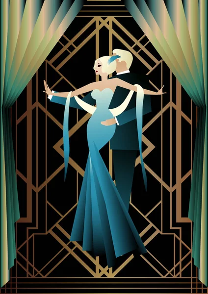 Pasangan Menari Art Deco Ilustrasi Retro Vektor - Stok Vektor