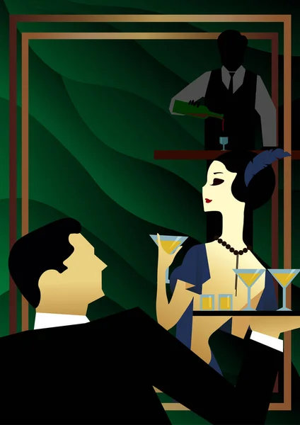 20世紀初頭のスタイルのパーティーでの女の子とバーメン レトロパーティー招待カード 手描きベクトルイラスト アール デコ様式 — ストックベクタ