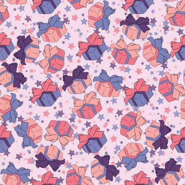 Çok renkli hediye paketi ve fiyonk. yıldızların arka planına karşı