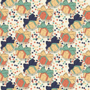 Çok renkli hediye paketi ve fiyonk. Çemberlerin arka planına karşı