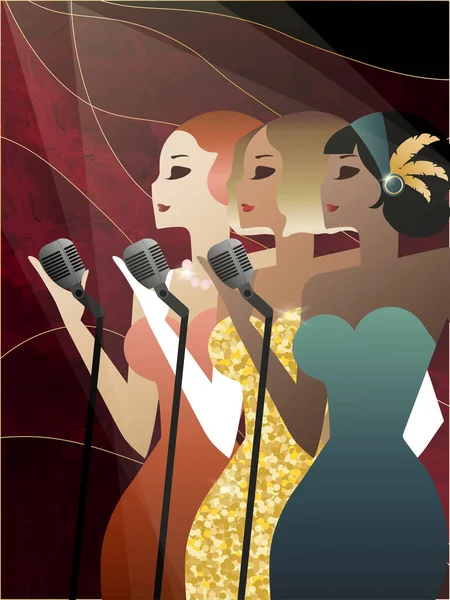Tre Jazzsångare Sjunger Mikrofoner 1920 Tal Art Deco — Stock vektor