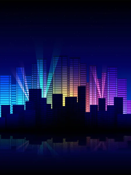 Ciudad Nocturna Paisaje Urbano Multicolor Con Focos Nocturnos Ilustración Vectorial — Vector de stock