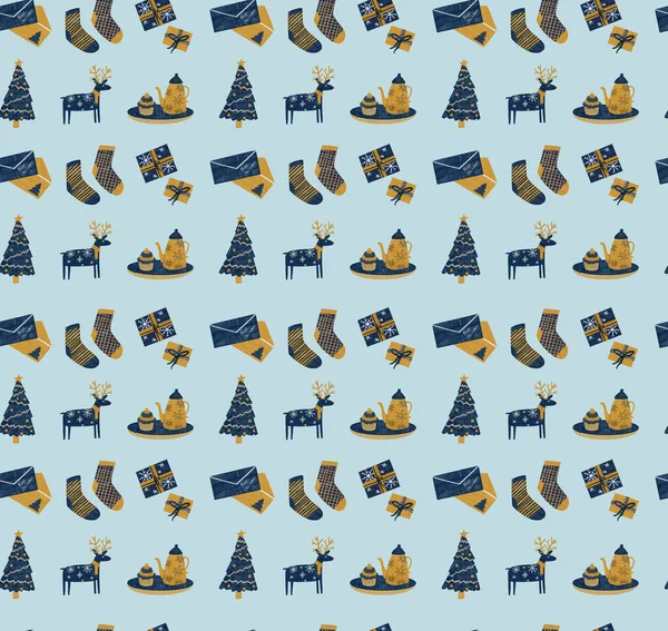 Hand Drawn Cute Christmas Pattern Deer Socks Teapot Cakes Christmas — Stock Photo, Image