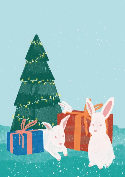 Tavşanlarla ve Noel ağacıyla el çizimi Noel illüstrasyonu. Davetiyeler, posterler, etiketler, kartlar için şirin bir baskı. Çizgi film biçimi baskılar