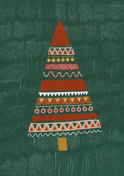 El yapımı Noel hediyesi kartı. Süslü Noel ağacı. Davetiyeler, posterler, künyeler için şirin bir baskı. Çizgi film biçimi baskılar