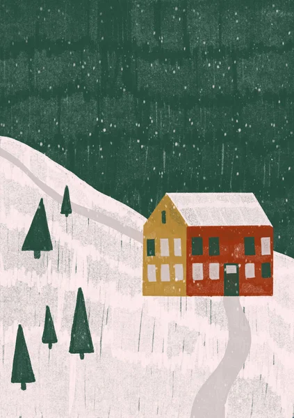 El yapımı Noel hediyesi kartı. Karlı bir tepede şirin bir ev. Davetiyeler, posterler, künyeler için şirin bir baskı. Çizgi film biçimi baskılar