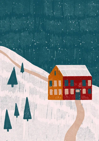 El yapımı Noel hediyesi kartı. Karlı bir tepede şirin bir ev. Davetiyeler, posterler, künyeler için şirin bir baskı. Çizgi film biçimi baskılar