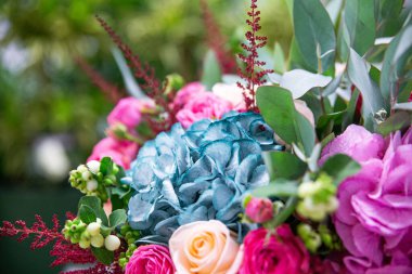 Çok renkli çiçeklerden güzel bir buket. Motley arkaplanı reklam planları, afişler, kartpostallar için uygundur.