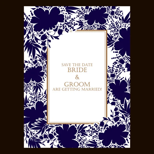 Silhouette bleue avec carte de mariage fleurs — Image vectorielle