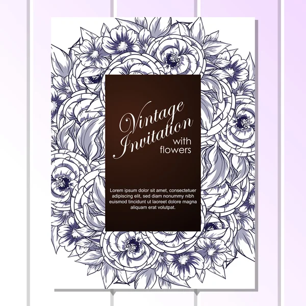 Blauwe lineaire delicate uitnodiging met bloemen — Stockvector