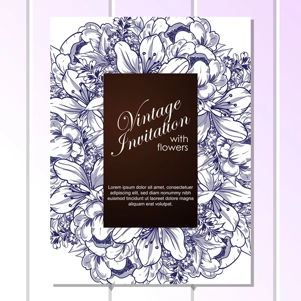 Blauwe delicate uitnodiging met bloemen — Stockvector