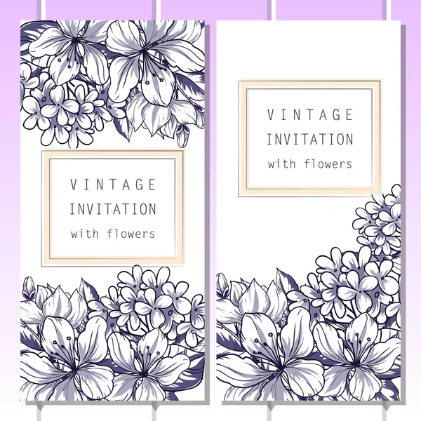 Azul lineal delicada invitación con flores — Vector de stock