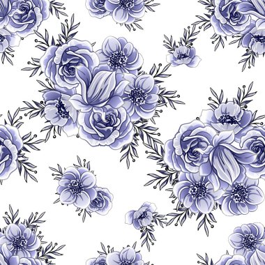 Kusursuz mavi monokrom klasik çiçek deseni