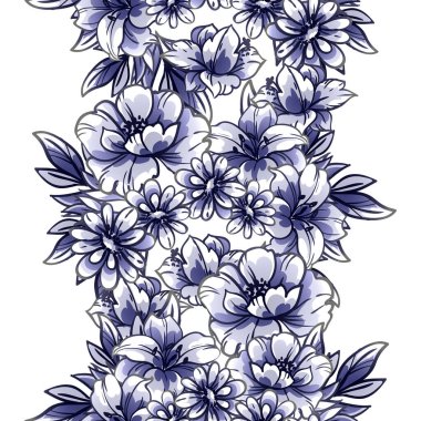 Kusursuz mavi monokrom klasik çiçek deseni