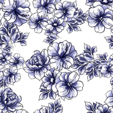 Kusursuz mavi monokrom klasik çiçek deseni