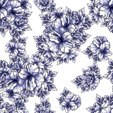 Kusursuz mavi monokrom klasik çiçek deseni