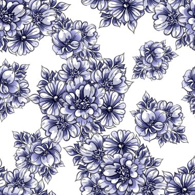 Kusursuz mavi monokrom klasik çiçek deseni