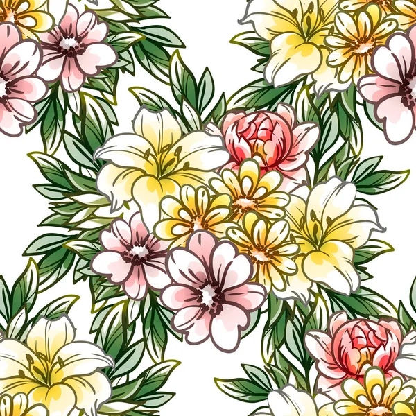 Colourful Vintage Style Flowers Seamless Pattern — Stock Vector