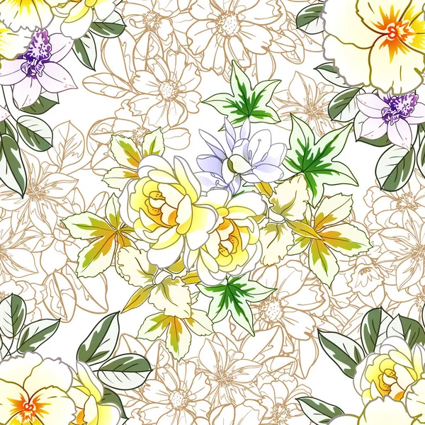 Colourful Vintage Style Flowers Seamless Pattern — Stock Vector