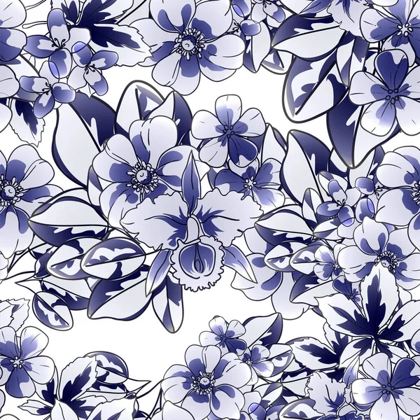 Patrón Flores Estilo Vintage Monocromo Azul Sin Costuras — Vector de stock