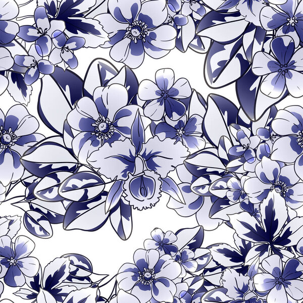 Цветы бесшовного синего монохромного винтажного стиля
