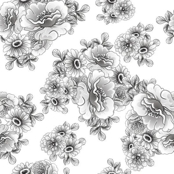 Seamless Monochrome Vintage Style Flowers Pattern — Stock Vector