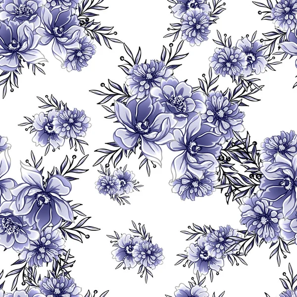 Azul Sem Costura Monocromático Estilo Vintage Padrão Flores —  Vetores de Stock