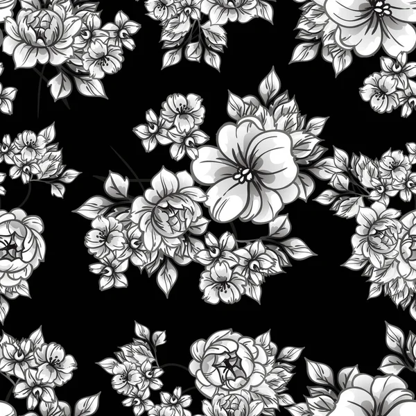 Inconsútil Patrón Flores Estilo Vintage Monocromo — Vector de stock