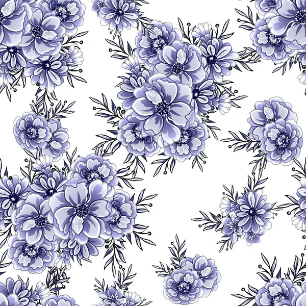 Azul Sem Costura Monocromático Estilo Vintage Padrão Flores — Vetor de Stock